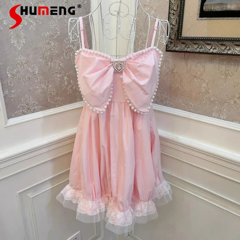 

Princess Date Bowknot Heart Pearl Lace Trim High Waist Slimming Daily Wear Dress Kawaii Clothes Pink Color Strap Dress For Women