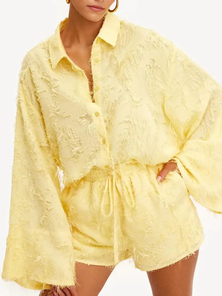 

Blifanbo Autumn Casual Cardigan Top And Shorts 2 Piece Set Women Long Sleeve Fashion Female Cardigan Top And Lace-up Shorts Set