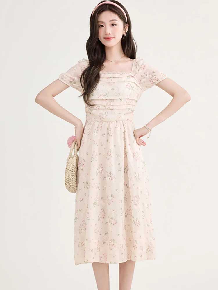Women Pink Embroidery Floral Casual Long Dress 2025 New Short Sleeve Lace Square Collar Dress Summer Boho Elegant Holiday Dress