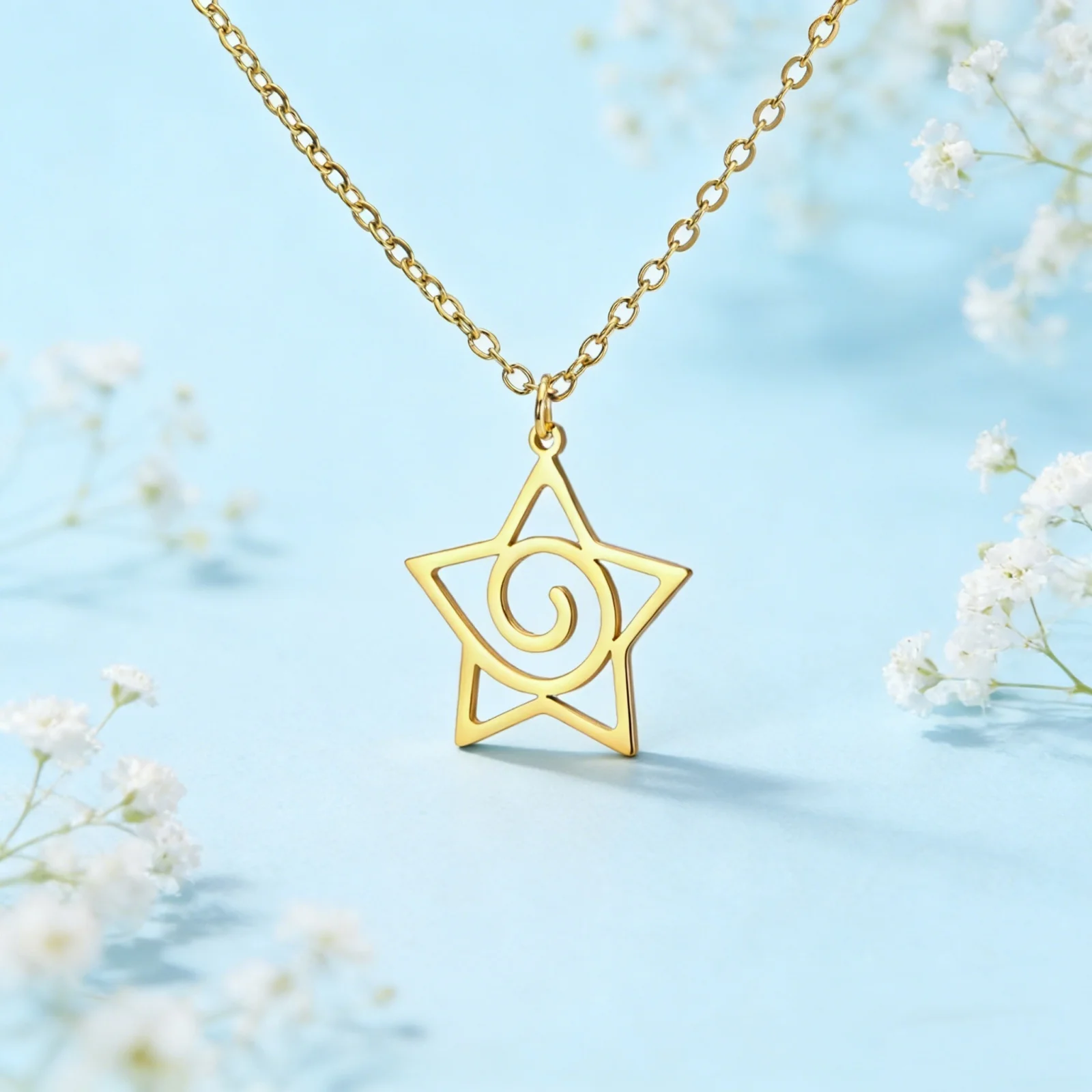 Skyrim Fünfzackiger Stern-Anhänger-Halskette aus Edelstahl, Spiralstern-Damenhalskette, Wirbel-Symbol, magischer Schutz-Talisman