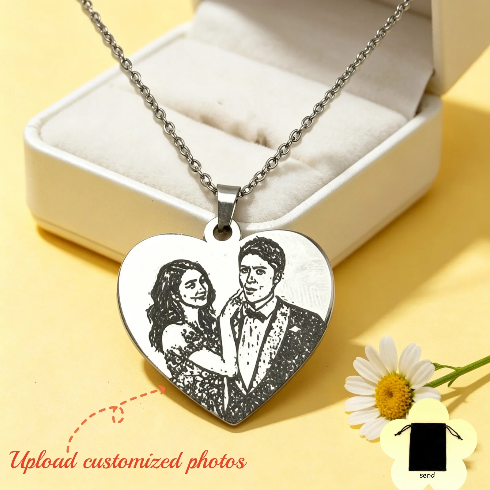 Customized Portrait Photo Heart-Shaped Necklace Stainless Steel Personalized Name Text Love Necklace Couple Friend Gift