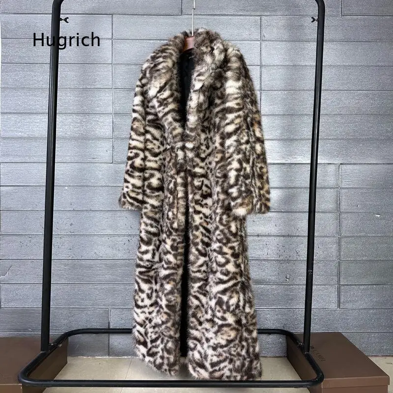Women Thick Leopard Print Faux Fox Fur Coat Long Length Lapel Collar Faux Fur Overcoat Warm Outer Garment For Winter Daily Wear