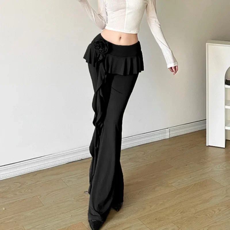 Vintage Ruffles Tassel Thin Casual Pants Women 2025 Spring New Fake Two-piece High Waist Pleated Sexy Slim Wide Leg Pants