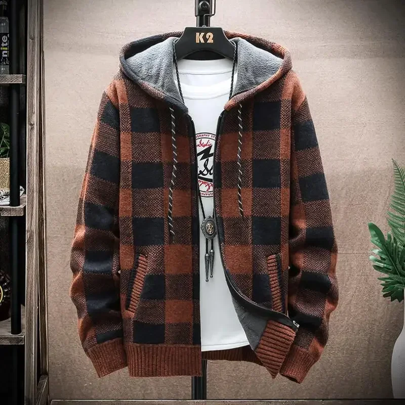 Knitted Cardigan Sweater Fall/Winter New Fleece Male Jacket Men\'s Clothing Plaid Printed Long Sleeve Warm Hooded Sweater Coat