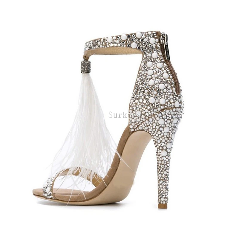 

Woman Crystal Tassel Wedding Sandals One Strap Open Toe Cut Out Zipper High Heel Shoes Summer Bride Fringe Sandals Drop Shipping