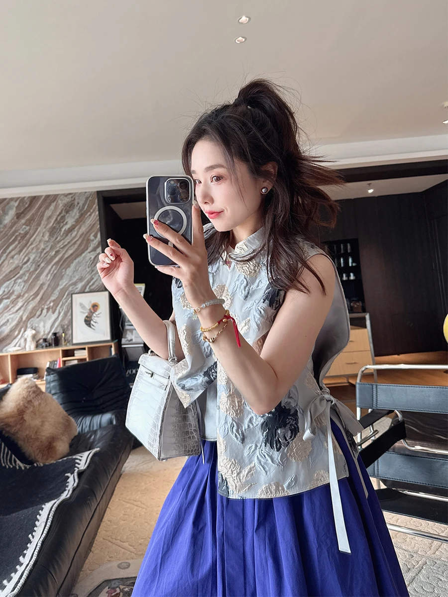 

Mandyen Little Rose Embroidery Texture Women's Vest Stand Collar Svel ort Length Single Button Summer Faion