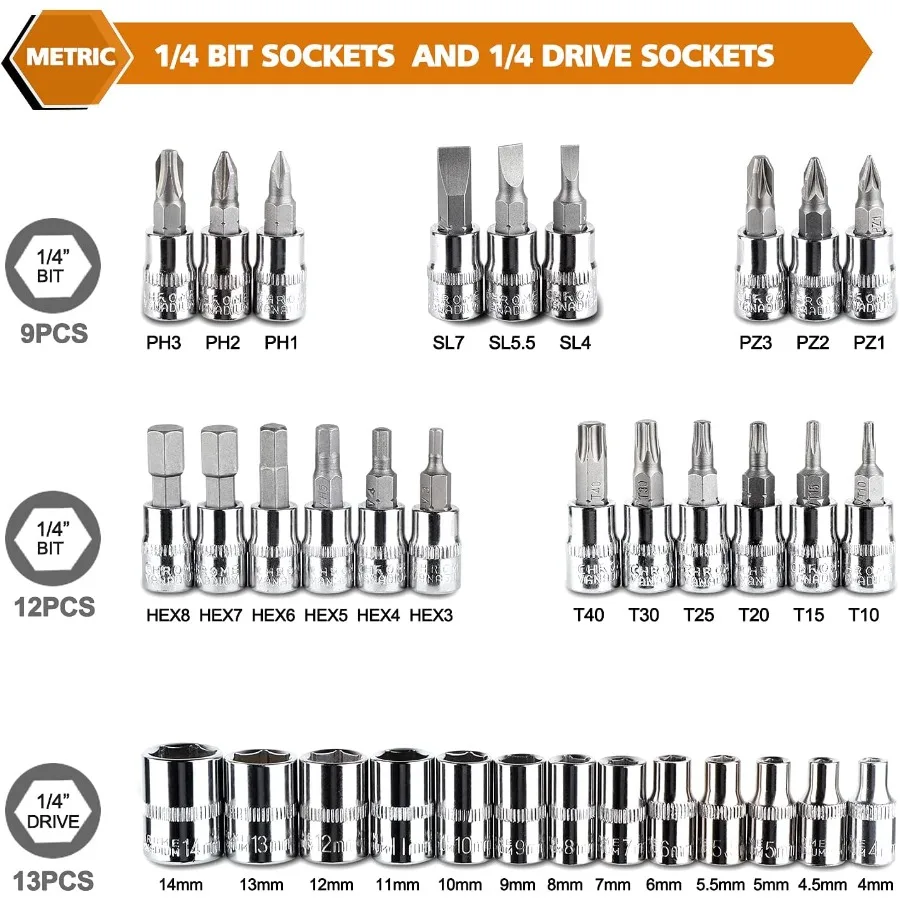 Set di 46 chiavi a cricchetto a bussola da 1/4 pollici con set di bussole per punte in dimensioni metriche e barra di prolunga per riparazioni automobilistiche