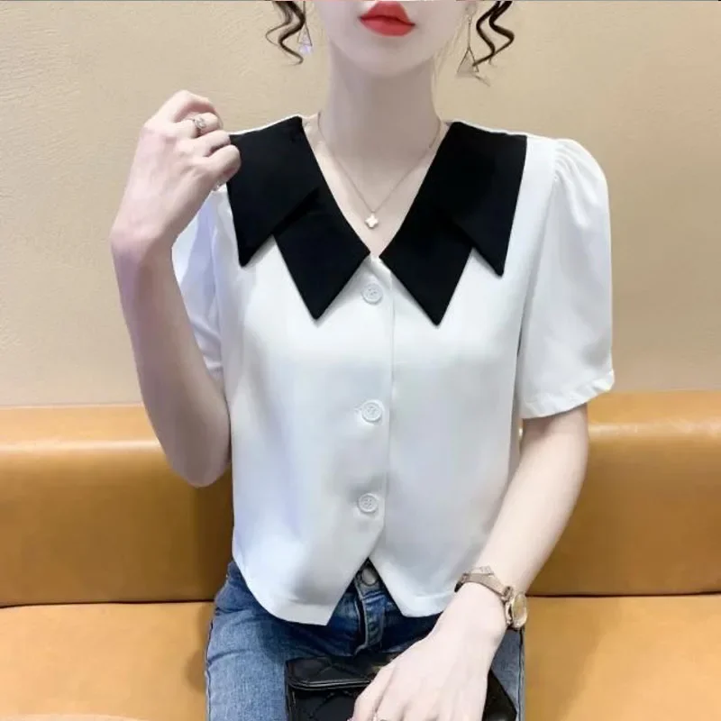 2024 Women Summer New Double Lapel Collar Shirt Korean Loose Contrasting Colors V-neck French Single-breasted Office Lady Tops