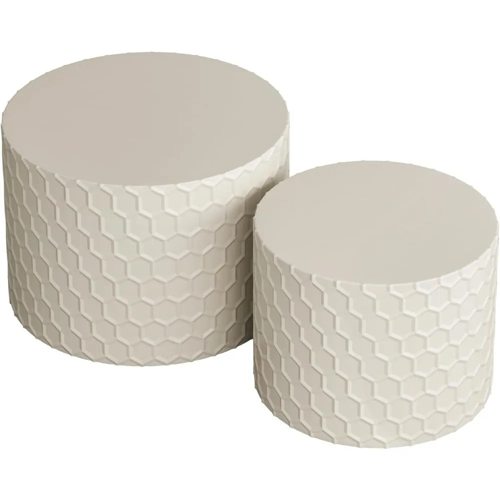 Modern Nesting Coffee Table Set of 2, Minimalist Wood Round Drum End Tables