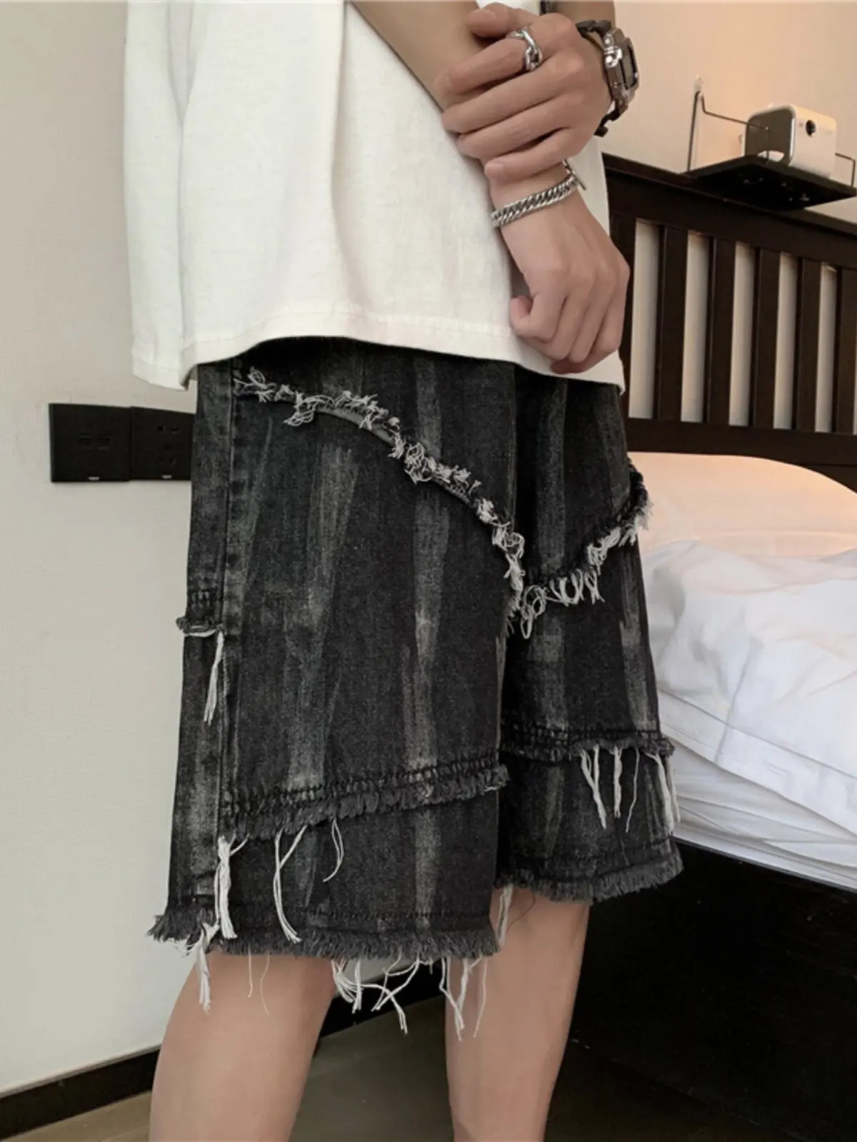 Tie Dye Fringed Denim Shorts For Men American Fashion Male Black Washed Splicing Tassel Street Style Loose Shorts