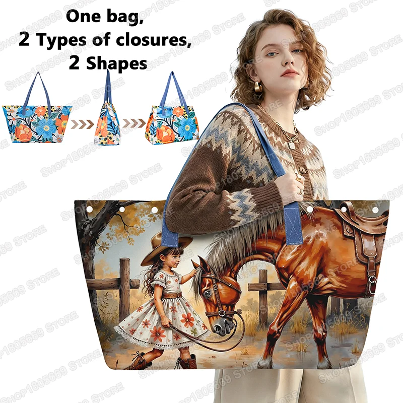 

Cute Girl and Horse Painting Shoulder Bags for Travel Women Handbag Large Capacity Canvas Totes Storage Bag Ladies Beach Bags