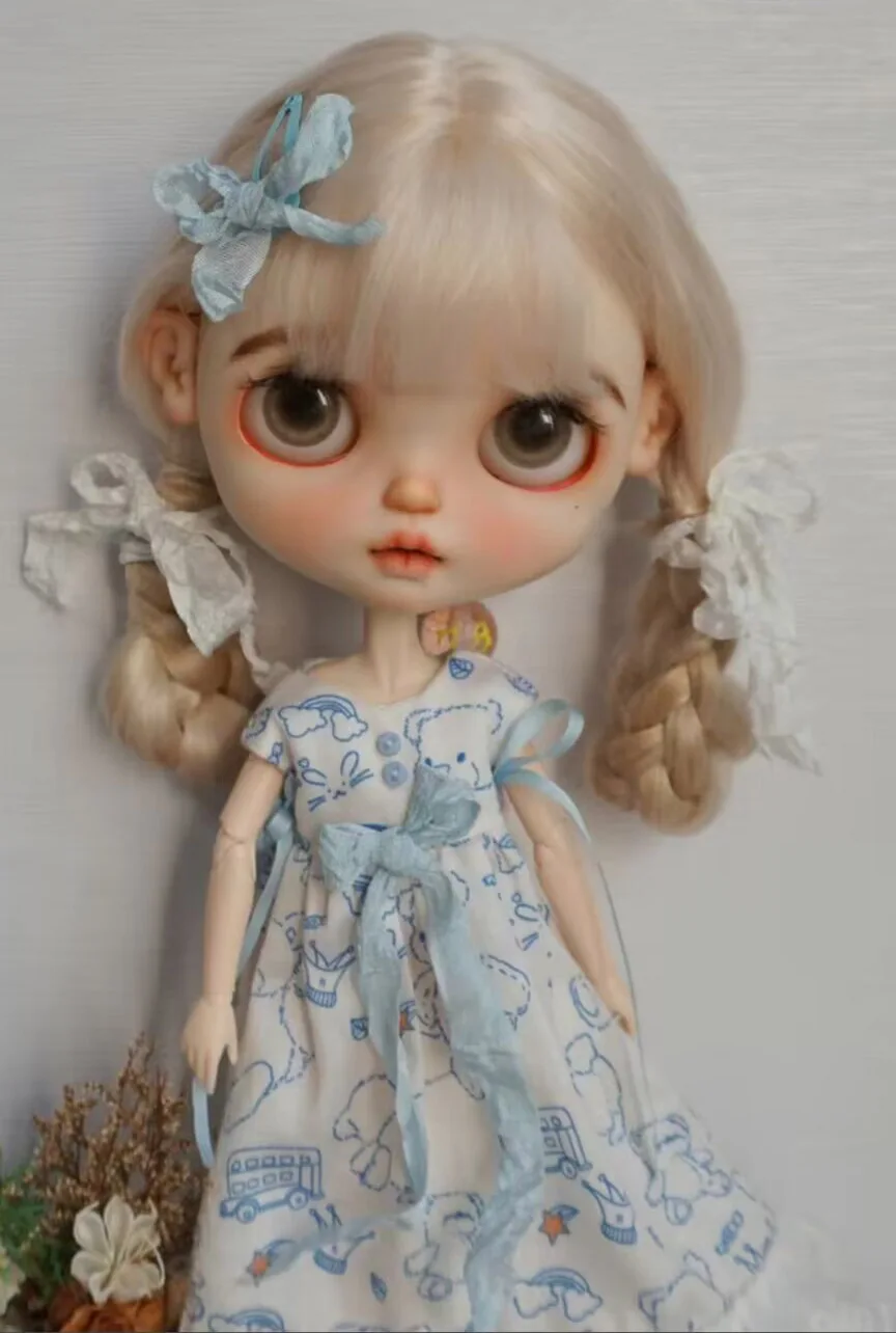 2025 3pcs kawaii style Blythe Sleeveless blue long dress/hair clips/Socks 1/6 30cm(Fit for azone,Pullip,Ob22/24/26, Licca)