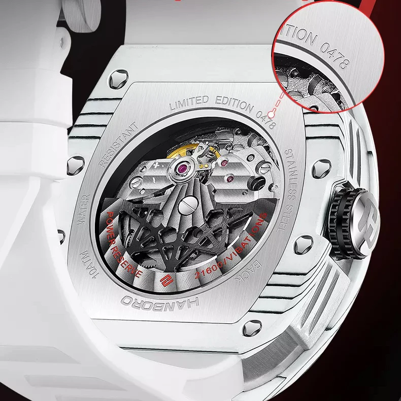 HANBORO 남자 자동 시계 토노 탄소 섬유 케이스 기계식 손목 시계 5Bar 빛나는 해골 다이얼 사파이어 미러