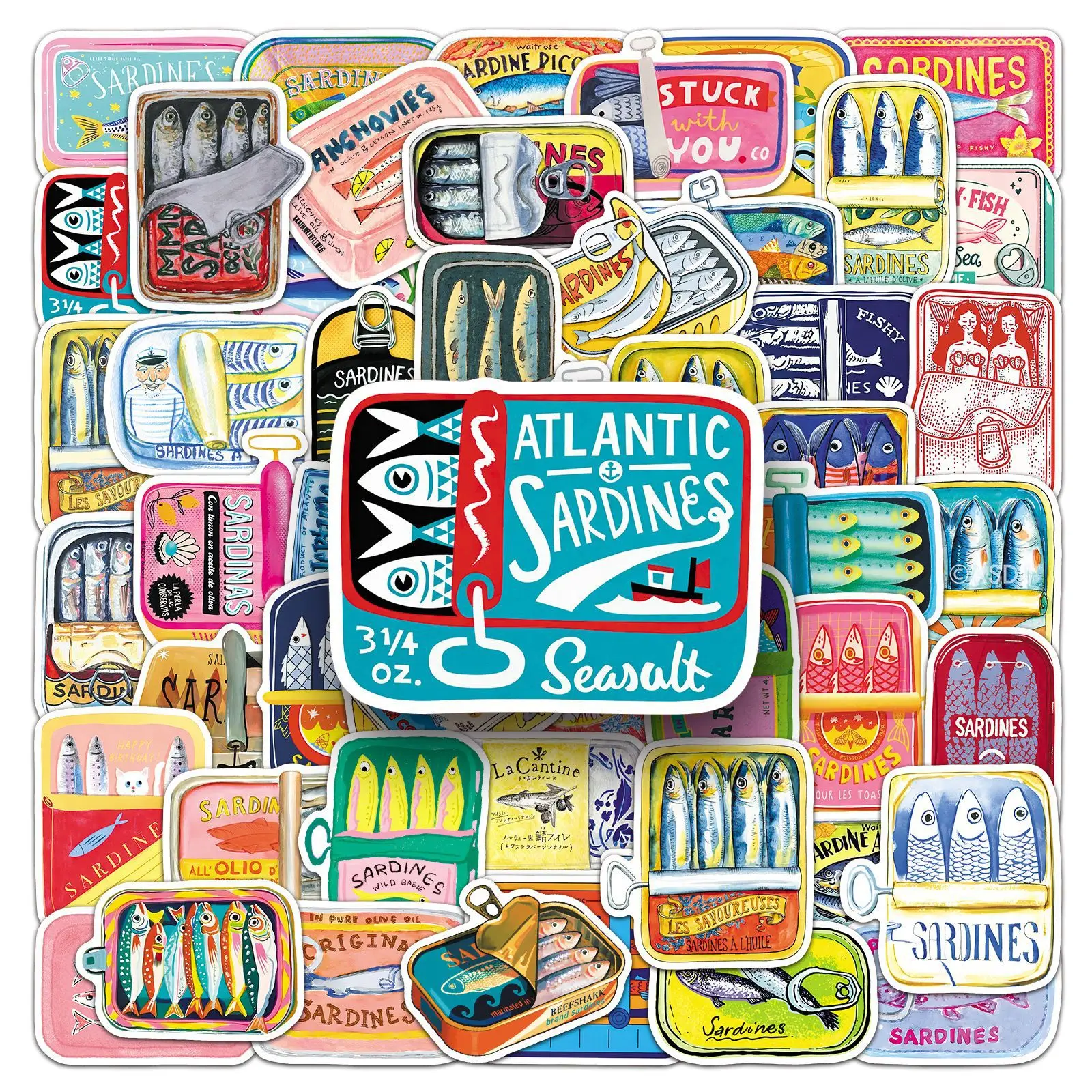50 PCS Sardines Can Cartoon Hand Drawn Food Stickers Decorate Scrapbook Fridge Cabinet Phone Storage Box Waterproof Decals