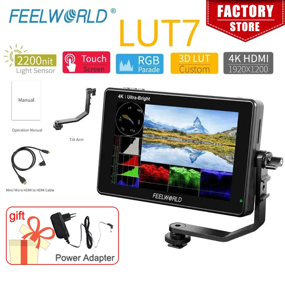 FEELWORLD LUT7 7 Inch 2200nits 3D LUT Touch Screen Field Monitor 4K HDMI Full HD IPS Monitor for Outdoor DSLR Cameras Video