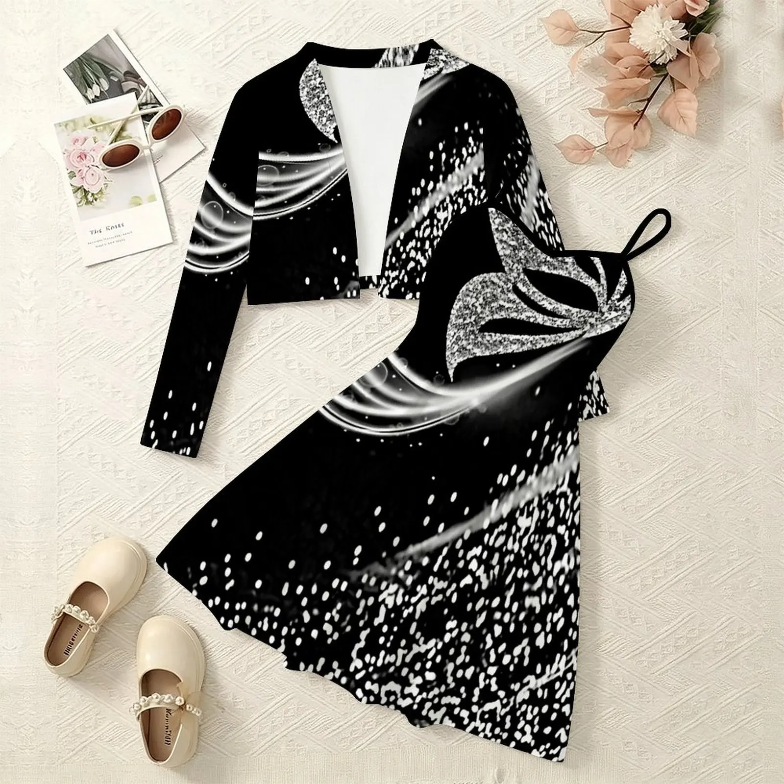 Girls Print 2Pcs Outfit, Sweet Adorable Long Sleeve Cardigan & Spaghetti Strap Dress, for Daily Everyday Wear Vacation