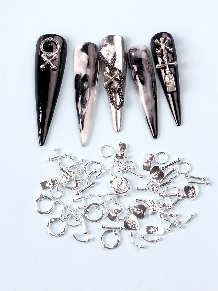 50PCS Mixed 3D Punk Silver Metal Parts Manicure Accessoire Nail Decoration Alloy Retro Circle Nails Art Charms