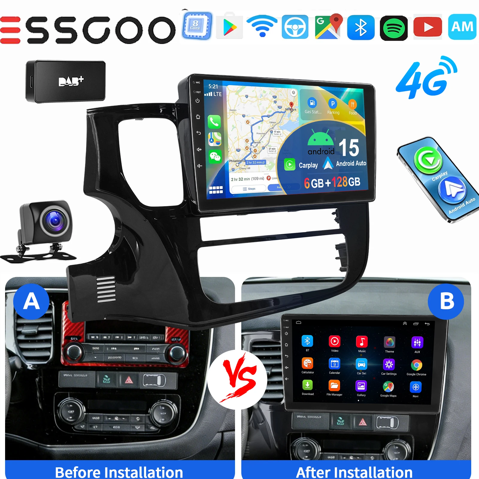 ESSGOO Draadloze Carplay Android auto 10 Inch IPS Aanraakscherm Voor Mitsubishi Outlander 2012-2018 Autoradio Android 15 GPS-navigatie WIFI Stuurwielbediening RDS Bluetooth FM Spiegellink ASP-geluid