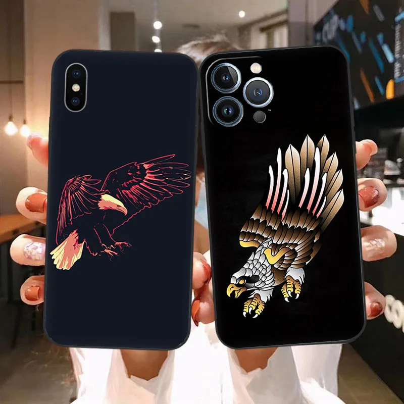 Soft Phone Cases For iphone 16 15 14 13 12 11 Pro XS Max Mini XR 7 8 Plus 16ProMax 15Plus Flying Eagle Art Black Matte Cover