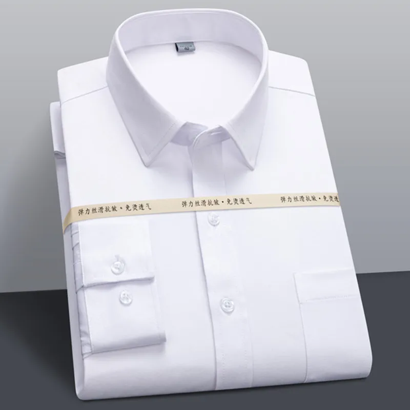 Classic Solid Color Shirts For Men Long Sleeve Business Causal Stretch Soft Formal Anti-wrinkle Non-iron Party Wedding Blouse