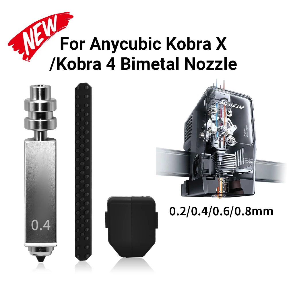 Upgrade Anycubic Kobra X/Kobra 4 Hotend Bimetallic Nozzle Heating Assembly 0.2/0.4/0.6/0.8 Silicone Wiper For Kobra X 3D Printer