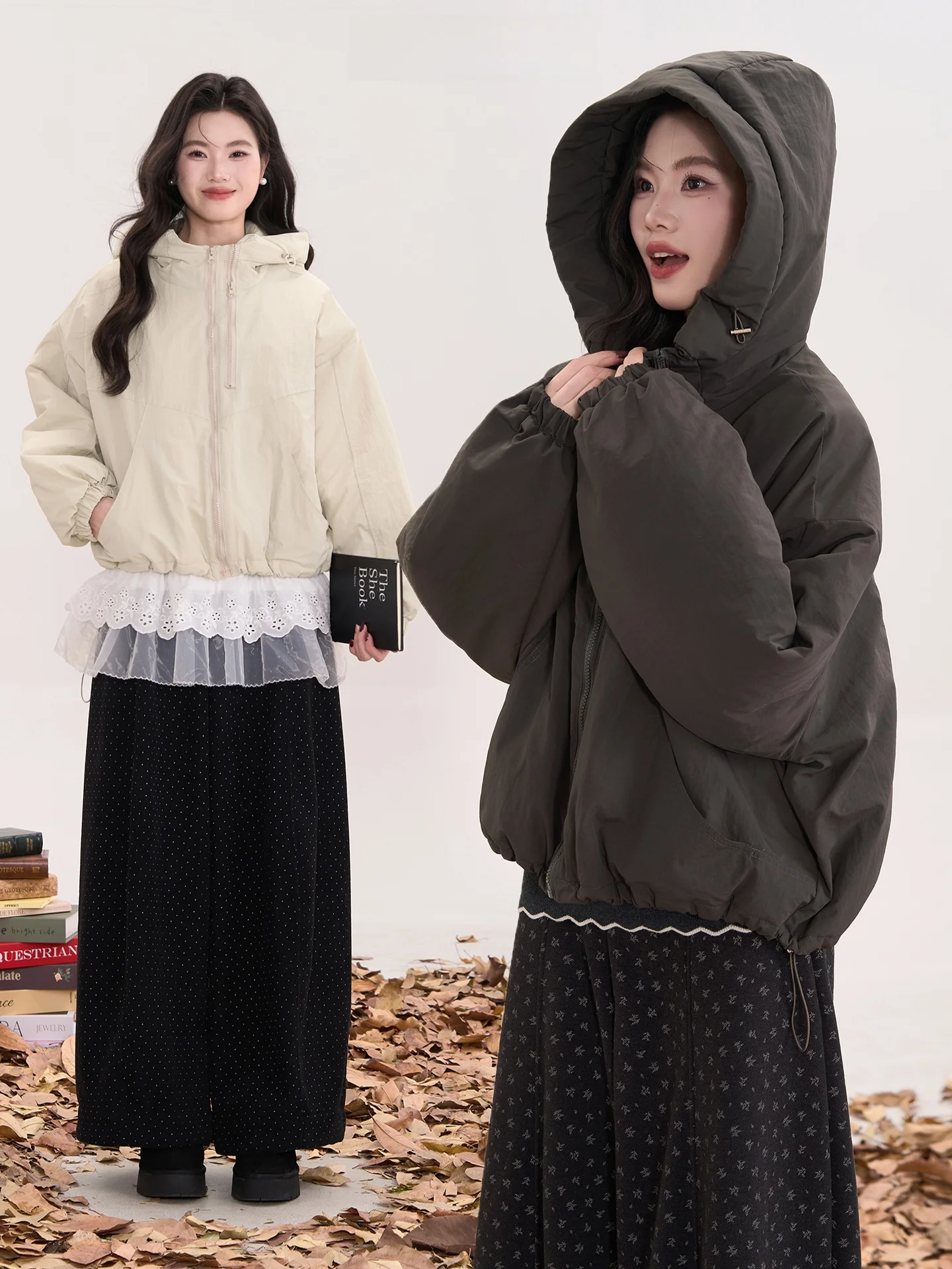 

Heme Double Zipper Jaet Women's Cotton Padded Hooded Coat Korean Sle Commute Pure Color Thiened Long Sve Loose Fit