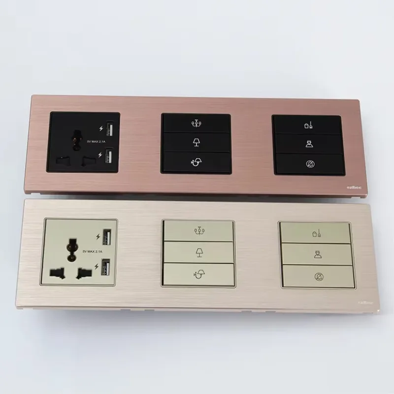 Champagne Gold Rose Gold Aluminum Brushed Panel, Modular Combo Moon Gang Switch, 3-Pin Universal Socket and USB Socks