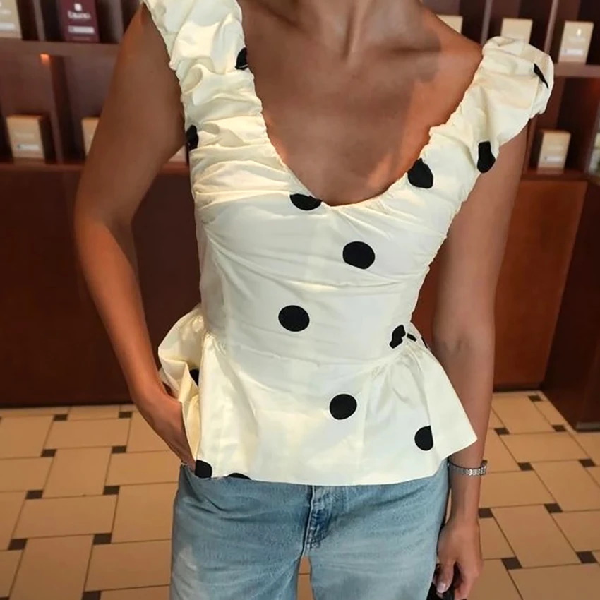 Ladies Vintage Polka Dot Backless Tank Tops Summer Street Chic Slim Deep V Neck Vest Casual Ruffles Sleeveless Tops Woman