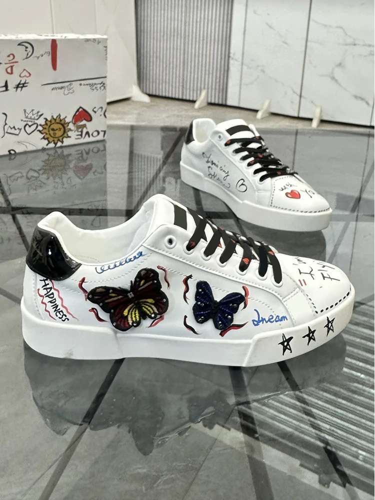 Spring Summer Fashion Daily Casual Doodle Print Thick Bottom Shoes Men's Round Toe Sequins Rivet Lace-Up Low-top Sports Shoes