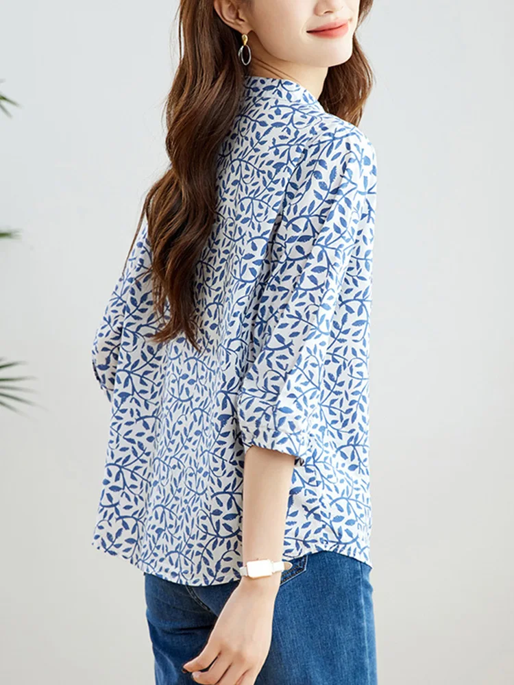 2025 الصيف تخفيف Faionable الأزهار طباعة سبعة Sve irt تنوعا Sli تصميم عادية فضفاض صالح زر حتى irt #5