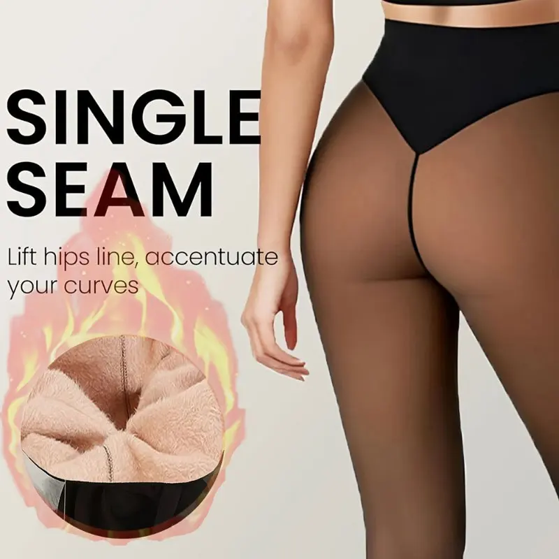 Warm Fleece Lined Tights Leggings Women Thermal Tummy Control Tights Sheer Black Tights V-shaped Butt Lifting One Seam Crotch