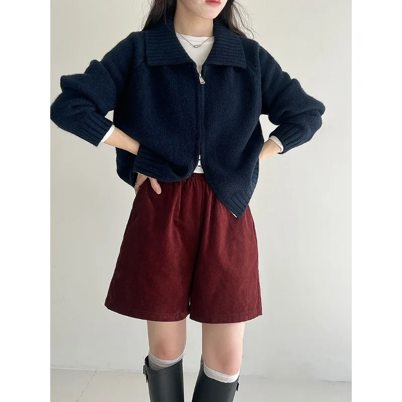 

Retro Design Double-zip Knitted Sweater for Women in Autumn New Style Comfortable and Versatile Knitted Coat