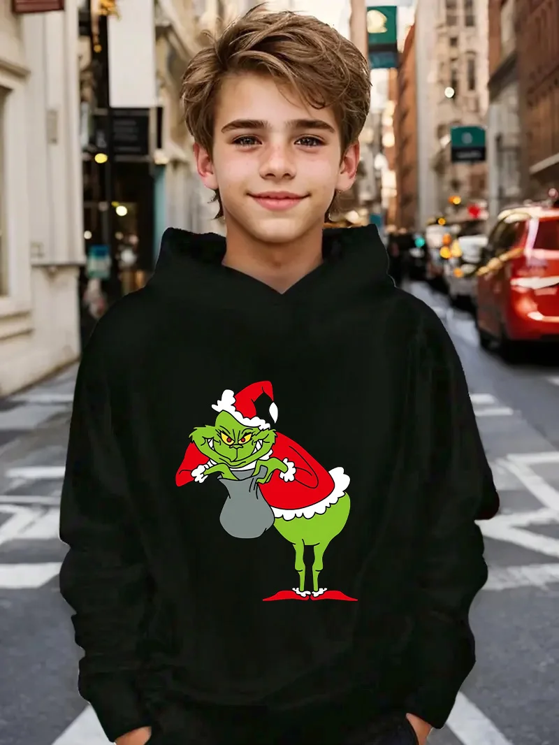 

A Black Hooded Sweatshirt For Children With A Festive And Fun Christmas Style Printed By Jay Gerringer