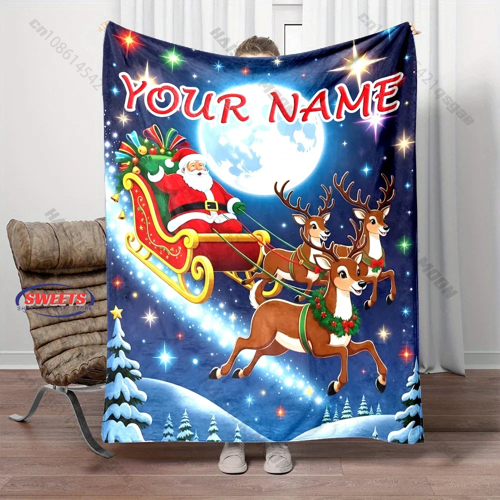Custom Name Santa Claus Flying On Reindeer Sleigh Blanket Personalized Starry Christmas Night Fleece Soft Warm Sofa Bed Blanket