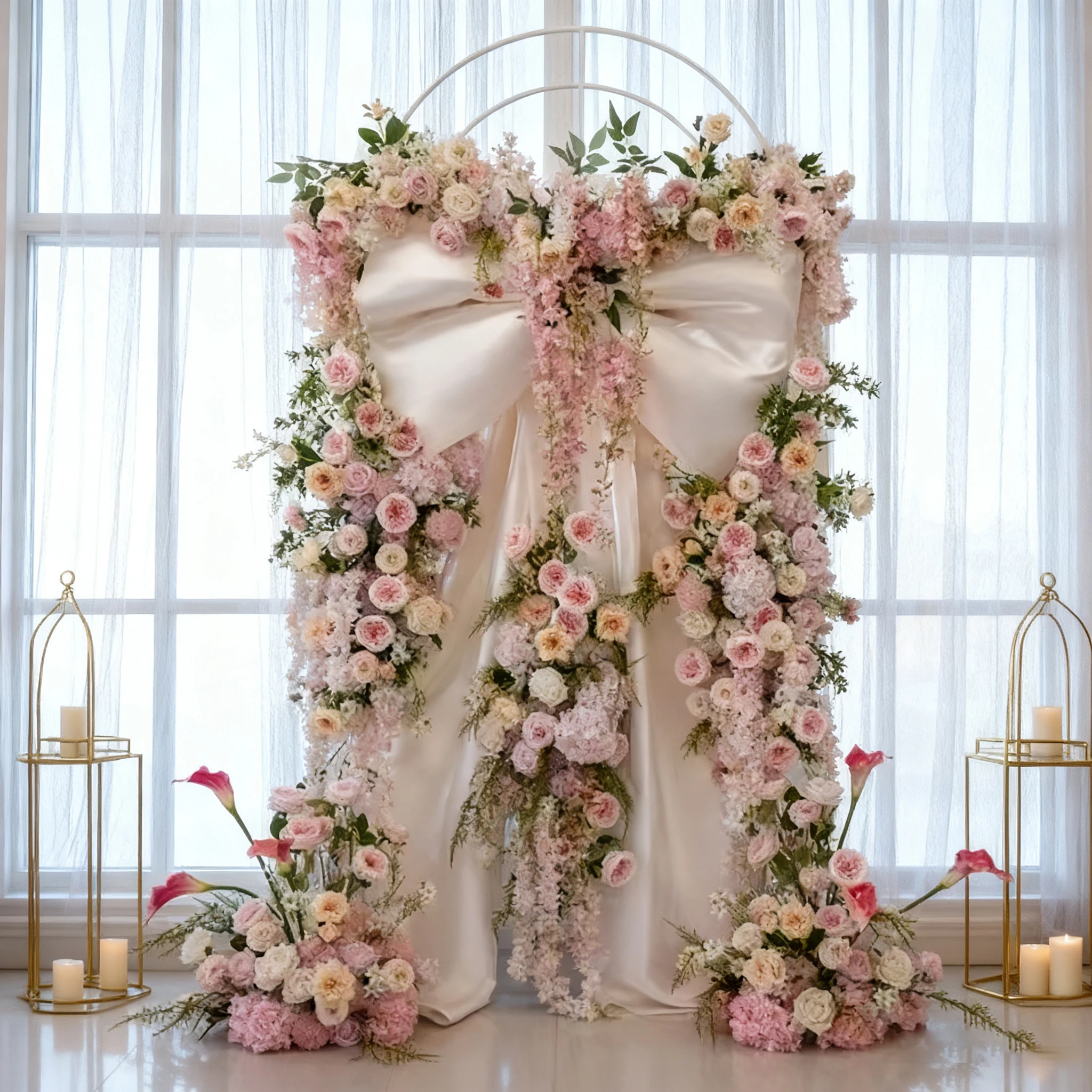 

Dreamy Pink White Artificial Flowers Wedding Bow Arch Ceremony Setting Silk Flower Arch For Event Decorations