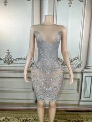 Women Sexy Stage Silver Glass Rhinestones Transparent Halter Birthday Celebrate Dress Bar Prom Outfit Women Dance Plus Size