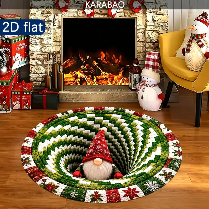 Round Christmas 3D Visual Effect Area Rug, Santa Xmas Tree Poinsettia Floral Hole Illusion Print Indoor Home Floor Mat