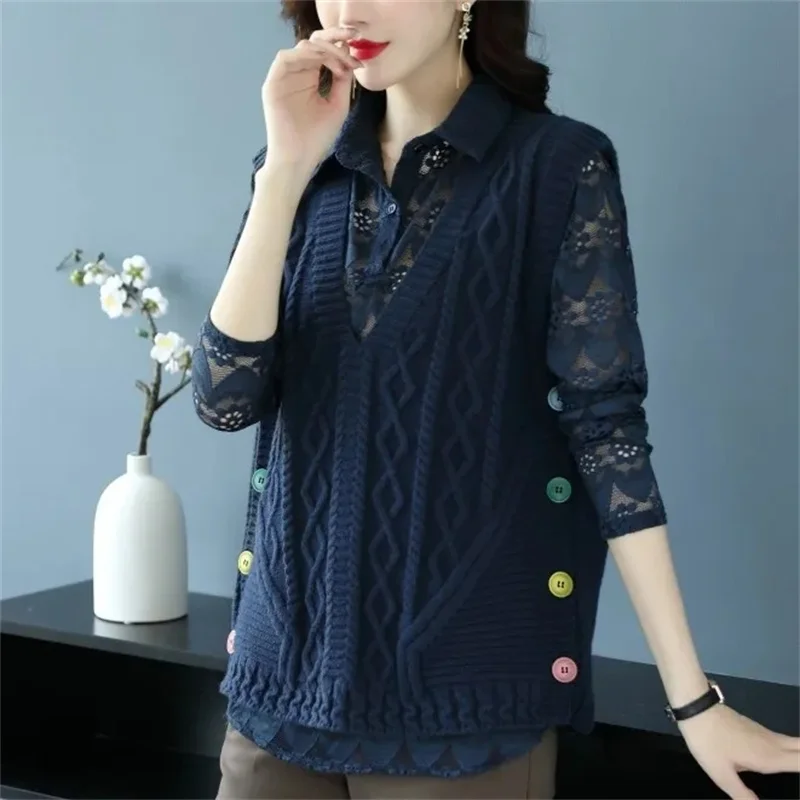 High End 2023 Autumn New Wool Sweater Women Fashion All-match Knit Vest Cardigan Lace Shirt Two-piece Sets Mother Sweater Vests