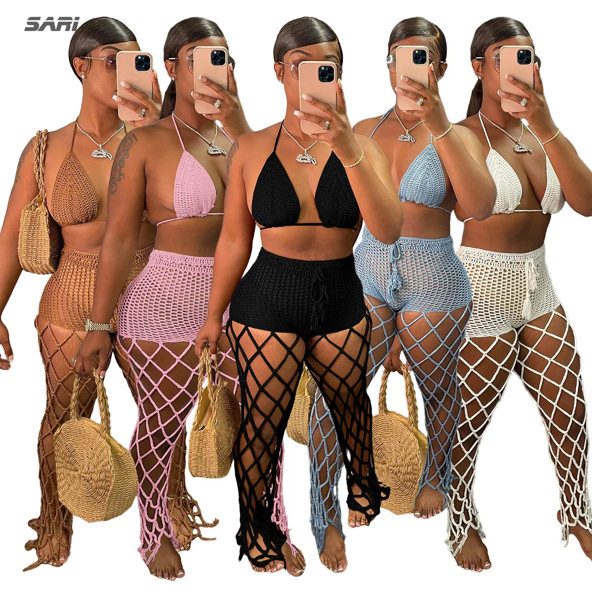 2022 Women Summer Two Piece Sexy Halter Tank Top and Cutout Fishnet Pants Perspective Beach Style Nightclub Bar Streetwear