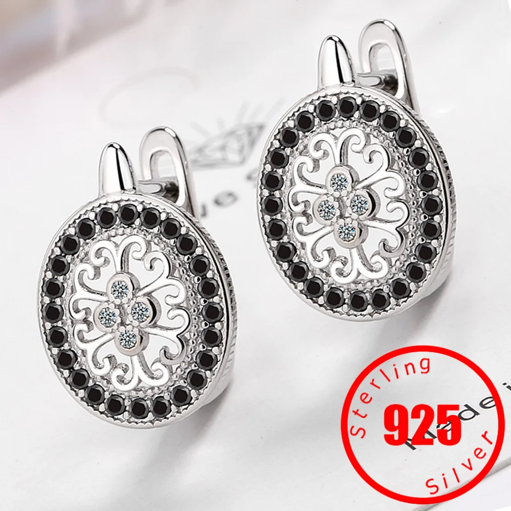 

Classic Silver Color Oval Black Trendy Spinel Engagement Hoop Earrings for Women Jewelry Bijoux