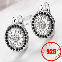 Classic Silver Color Oval Black Trendy Spinel Engagement Hoop Earrings for Women Jewelry Bijoux