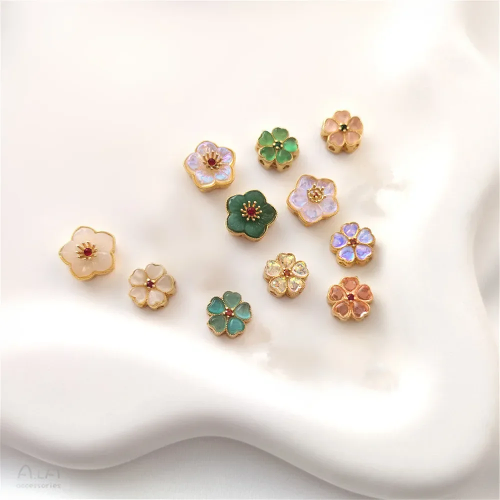 Copper Plated Matte Gold Inlaid Cat's Eye Stone Peach Blossom Charm Beads, Imitation Moonstone Spacer Beads for DIY Jewelry Maki