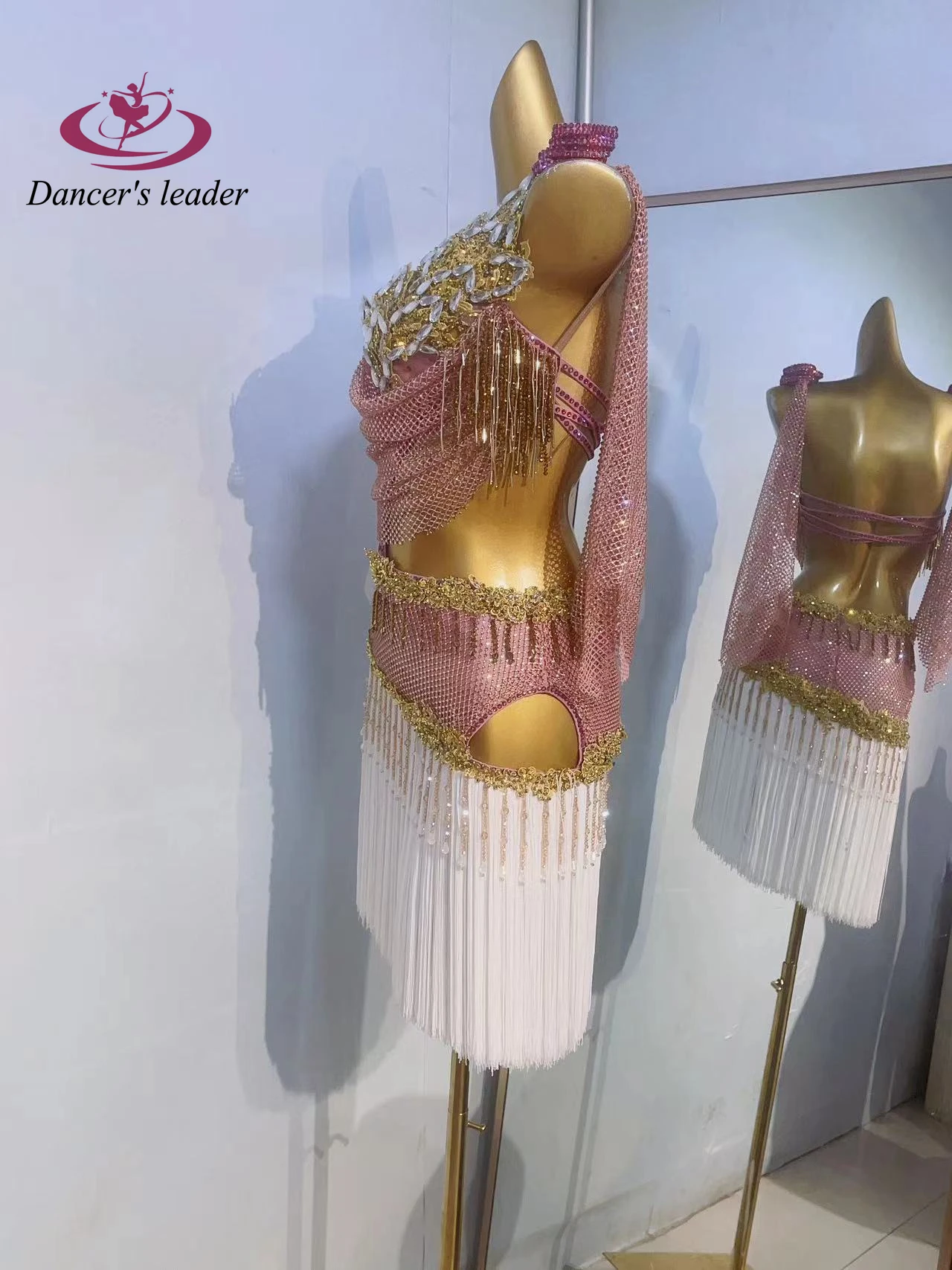 Kostium do tańca latynoamerykańskiego z dżetami, damski, ekskluzywny, szyty na miarę, złoty kwiat, siateczkowy strój na ramiączkach do samby.