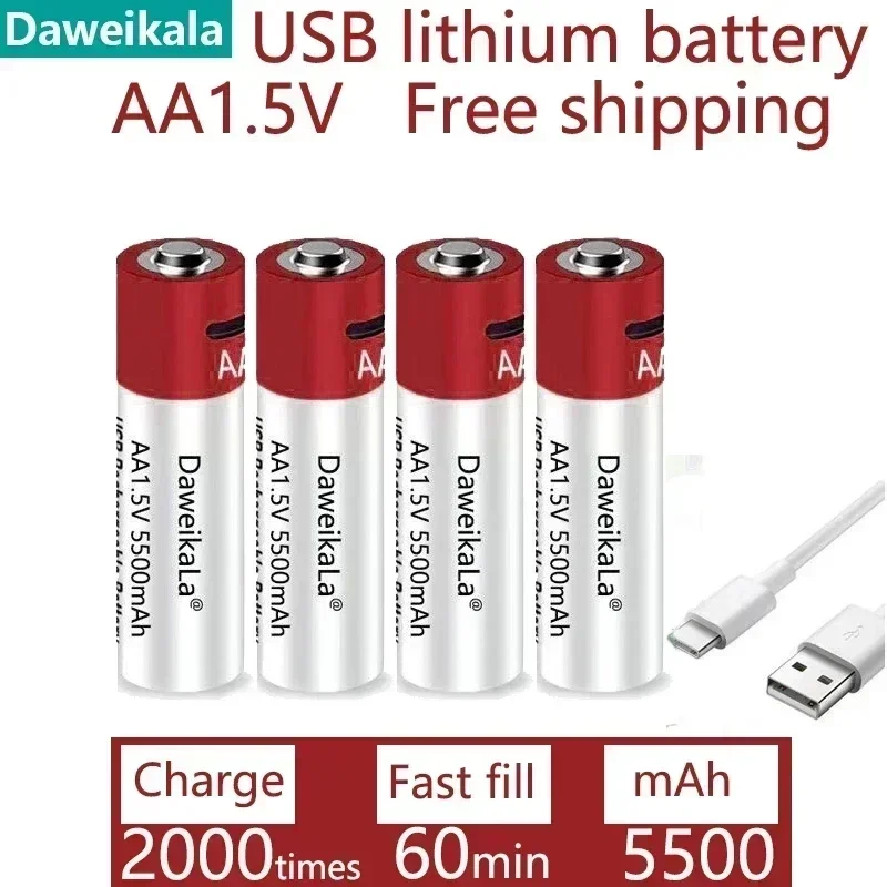 

New AA USB Rechargeable Li-ion Battery 1.5V AA 5500mah / Li Ion Battery Watch for Toys MP3 Player Thermometer Keyboard + Cable
