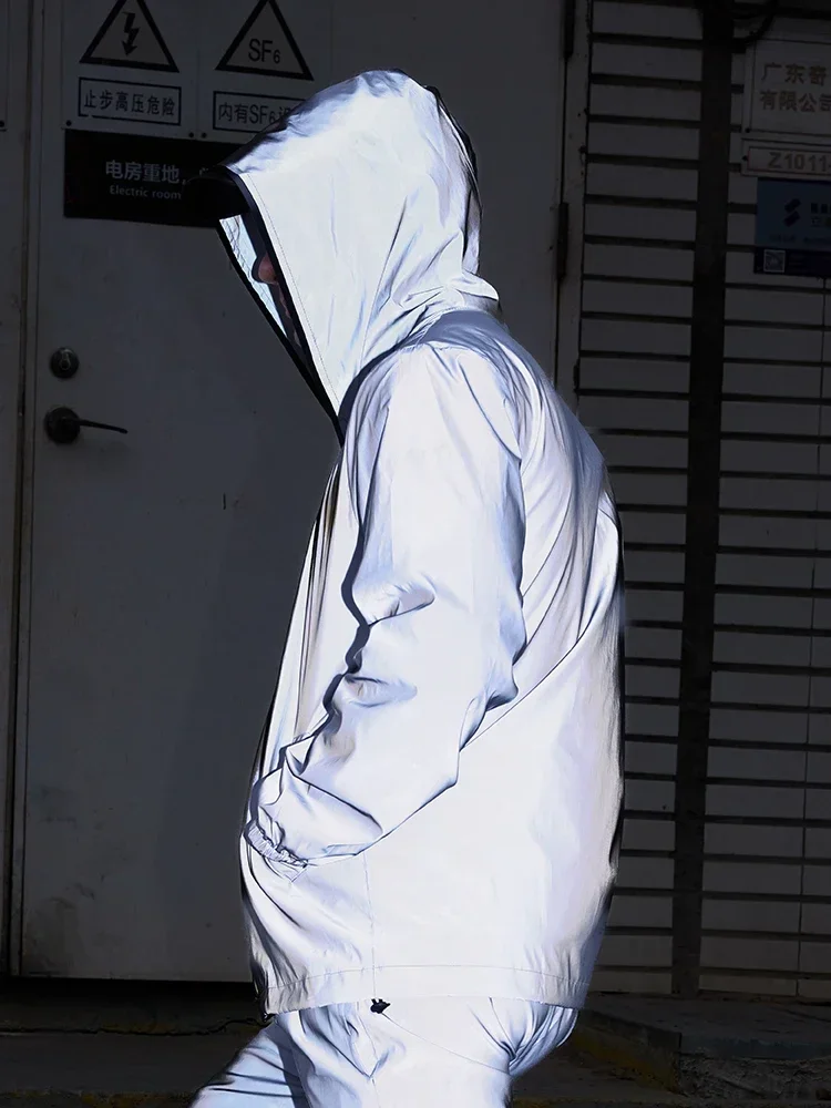 سترات رجالية بغطاء للرأس عاكسة للضوء، معاطف خارجية مقاومة للرياح، تصميم بسحاب، ملابس ركض آمنة لامعة #4