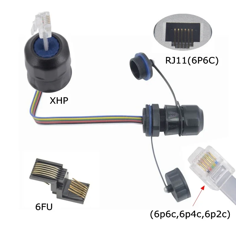 RJ11 XHP 2.54 موصل مقاوم للمياه RJ 11 M20 6P6C كابل تمديد خط الهاتف مستقيم من خلال موسع الرأس مع 1 2 غطاء