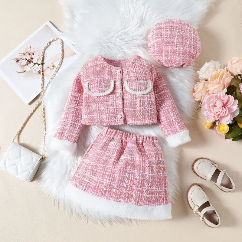 Set For Kids Girls Fur Patchwork Jacket + Skirt + Beret Winter Little Charms Outfit 2-6 Years Kids Clothing Casual Girls' Suit