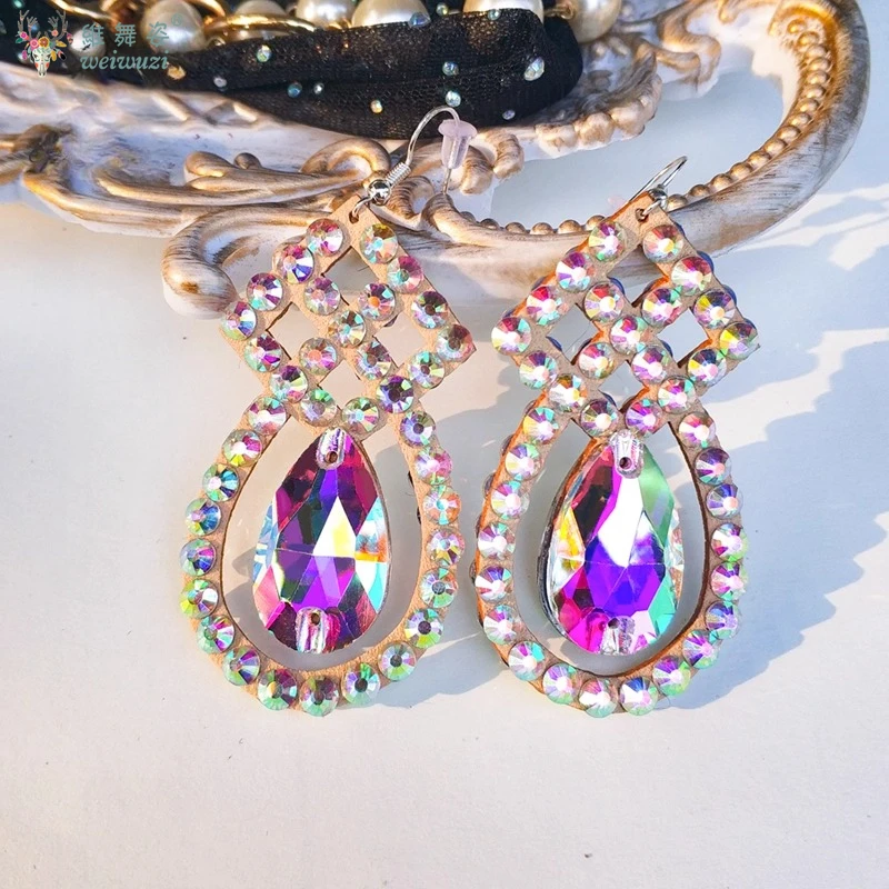 Accesorios de competición de danza del vientre, pendientes de piedras AB para personas mayores, adorno de actuación de danza del vientre Oriental para adultos y niños