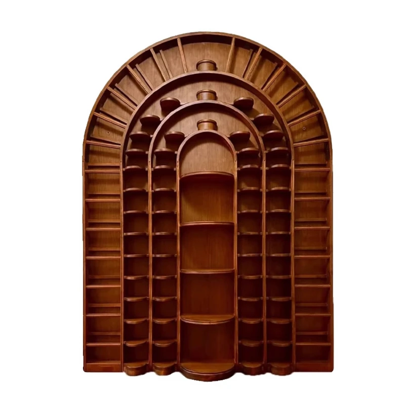Retro-Vitrine aus massivem Holz, gewölbtes Regal aus Eschenholz