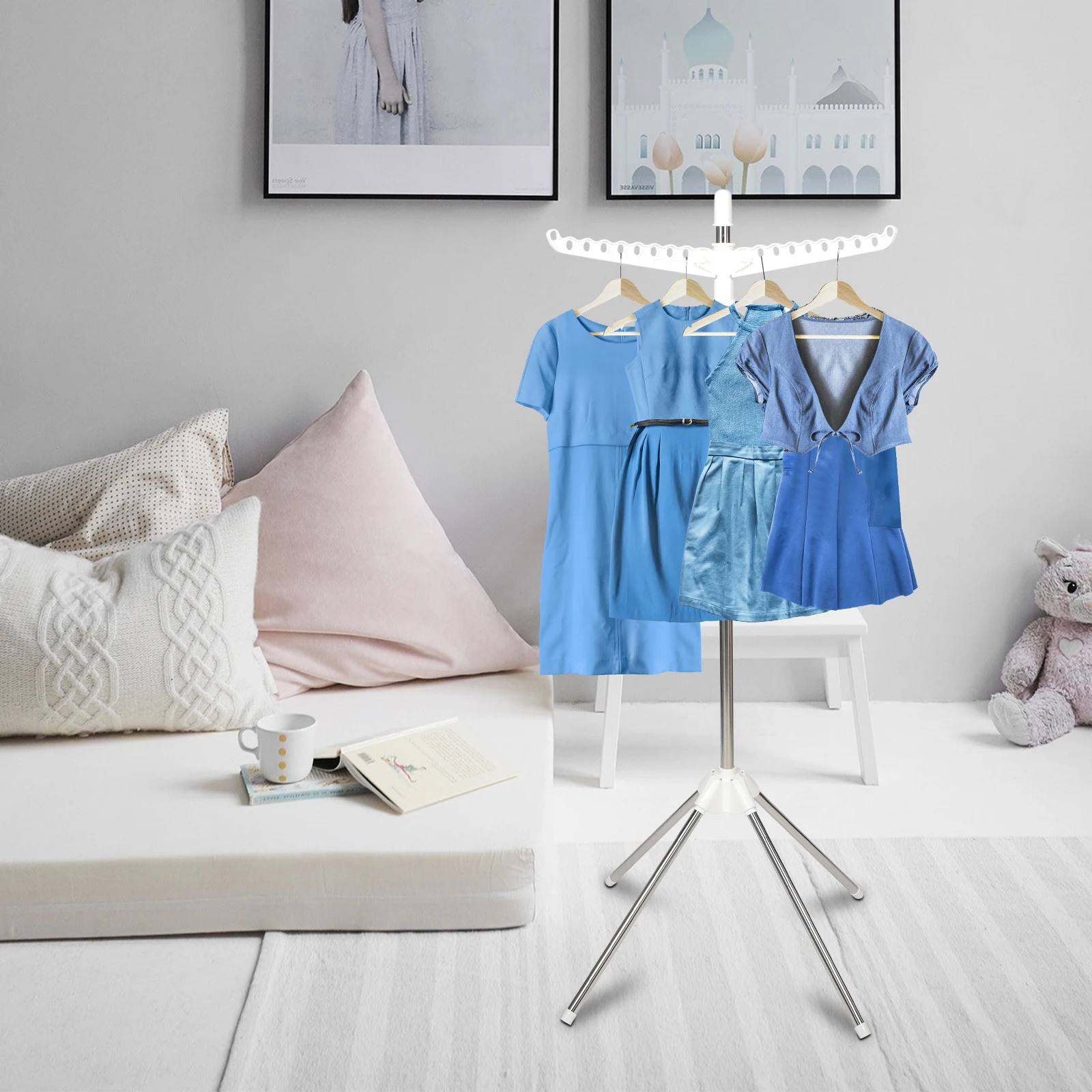 Rotatable Clothes Drying Rack Foldable Free Standing Garment Hanging Rack for Indoor Outdoor Use Detachable Coat Drying Stand